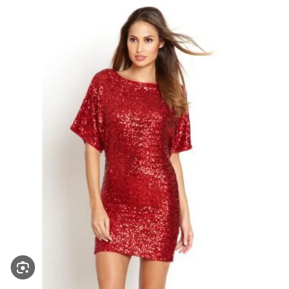 La Cite Red Sequin Party Holiday Cocktail Cut out back mini dress women sz small